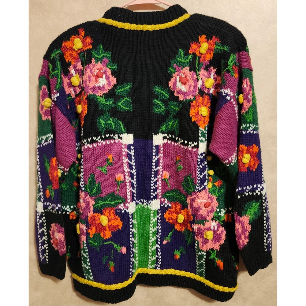 Jennifer Reed Vintage Hand Knit Floral Cardigan Pom Pom Shoulder Pads Medium - Picture 7 of 11
